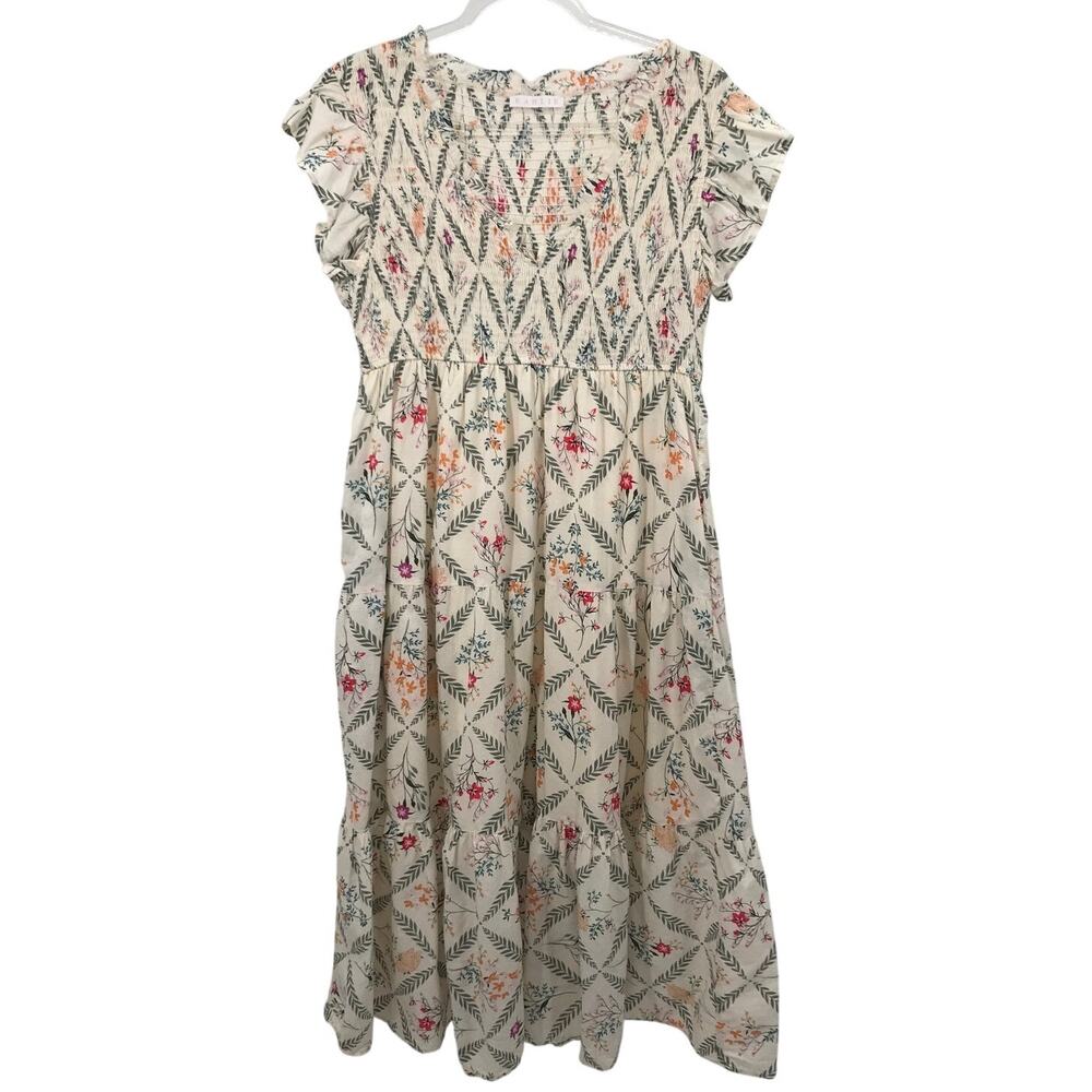 Karlie Floral Smocked Ruffle Cap Sleeve Midi Dress Size Large